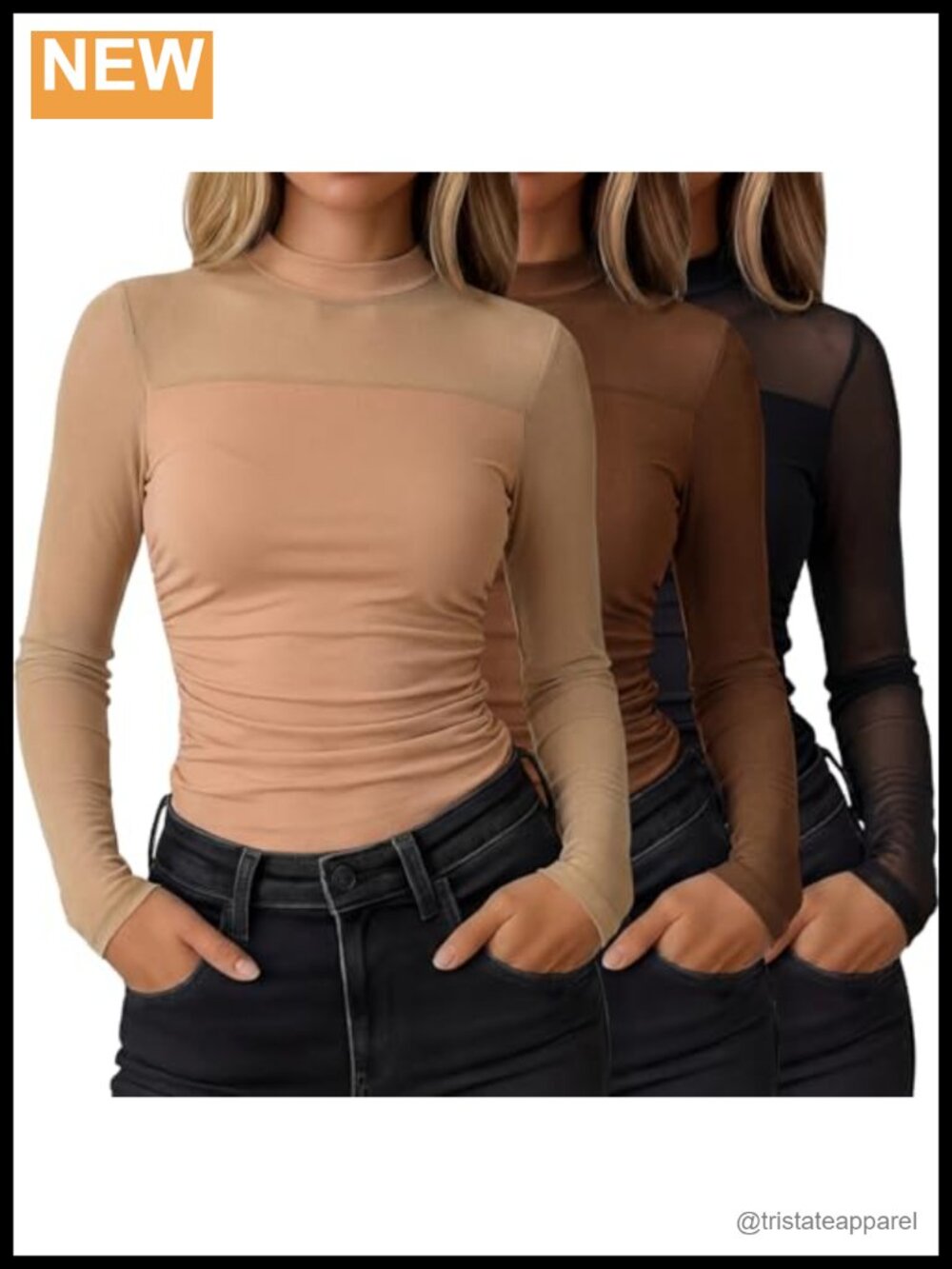 3 Pack Sheer Mesh Long Sleeve Mock Neck Tops Ruched Fitted Blouse Party Clubwear